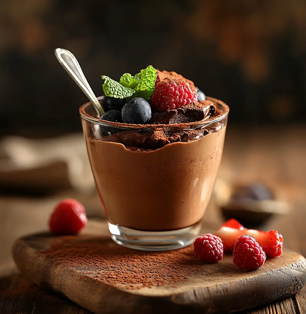 A glass of creamy chocolate cottage cheese mousse topped with fresh raspberries, blueberries, and a mint leaf, placed on a wooden board dusted with cocoa powder, surrounded by additional berries for decoration