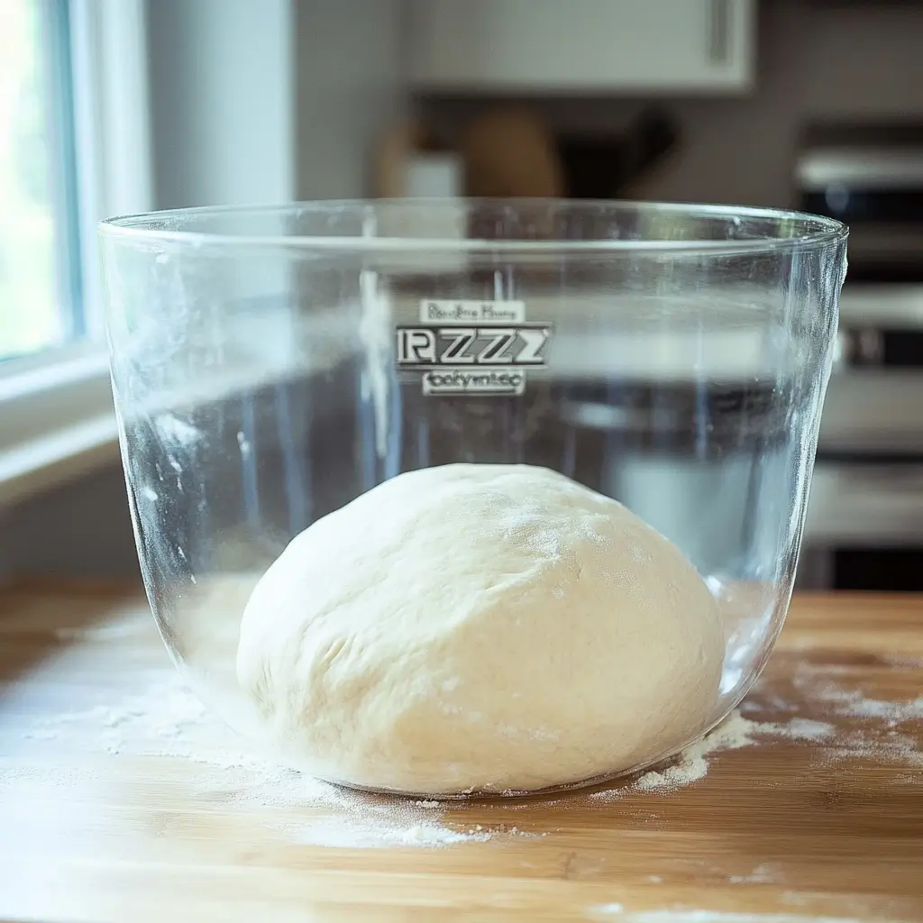 Close-up of a smooth, rested sourdough discard pizza dough ball on a lightly floured wooden surface