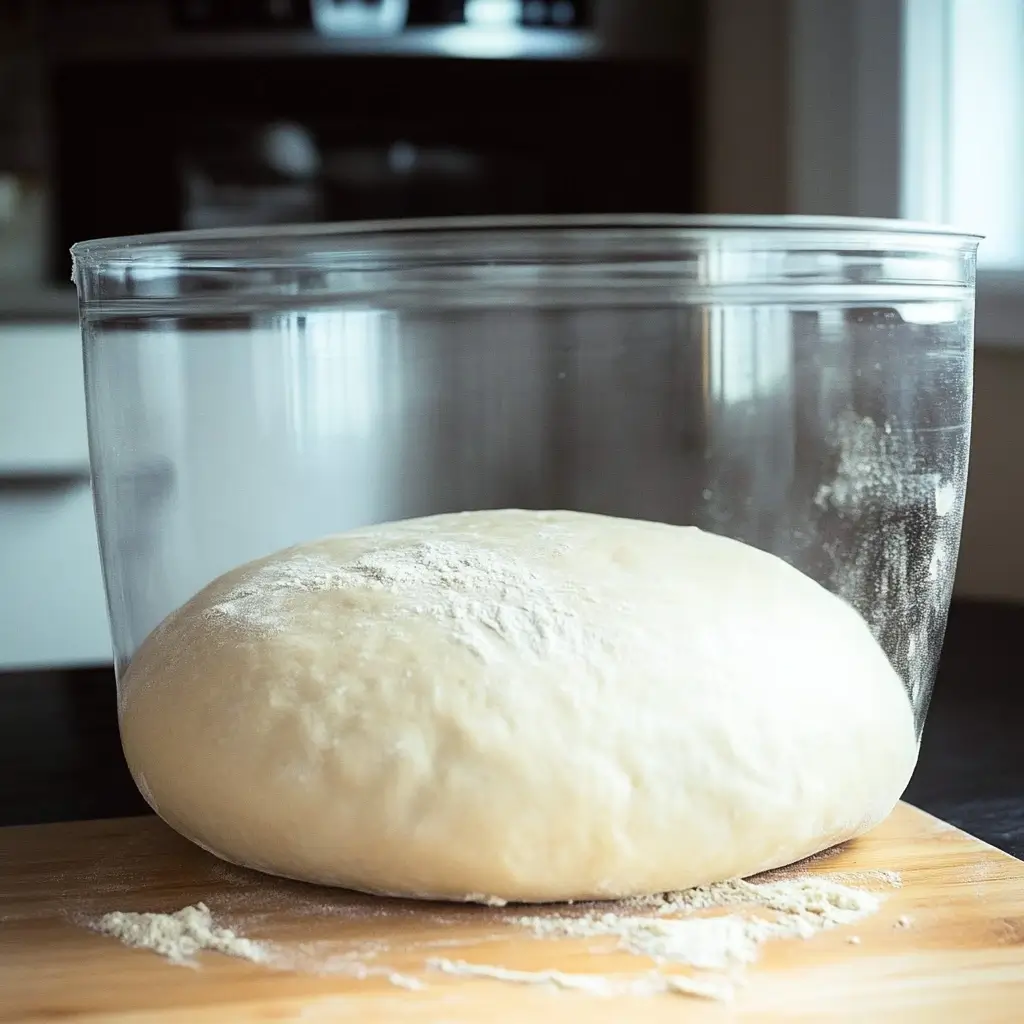 Sourdough discard pizza dough rising in a clear bowl, showcasing a light and airy texture