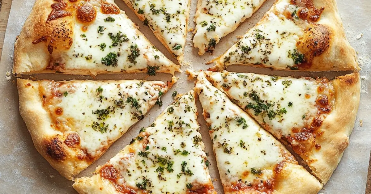 A deliciously golden-brown pizza crust made with sourdough discard pizza dough, topped with melted cheese and herbs