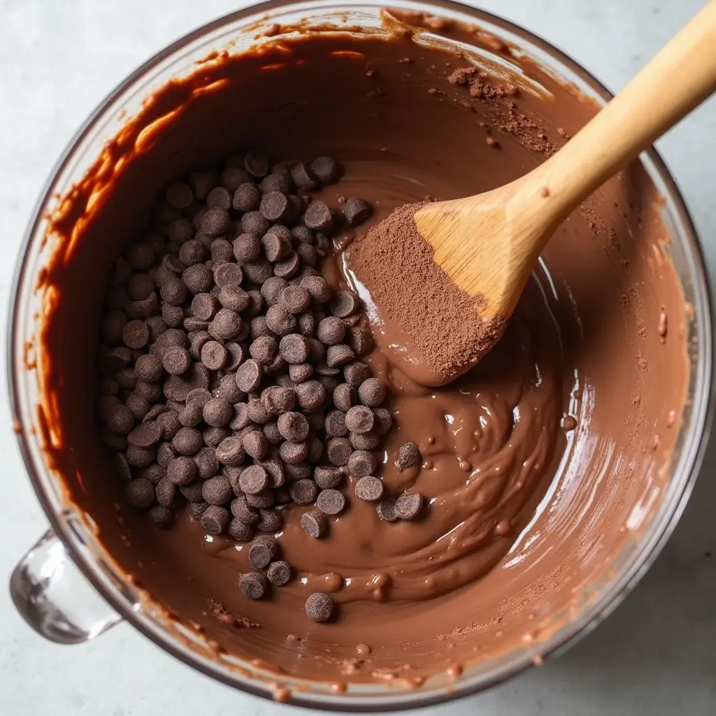 Dry ingredients like cocoa powder and flour being folded into the wet mixture of butter, cream cheese, eggs, and milk, with chocolate chips ready to be added
