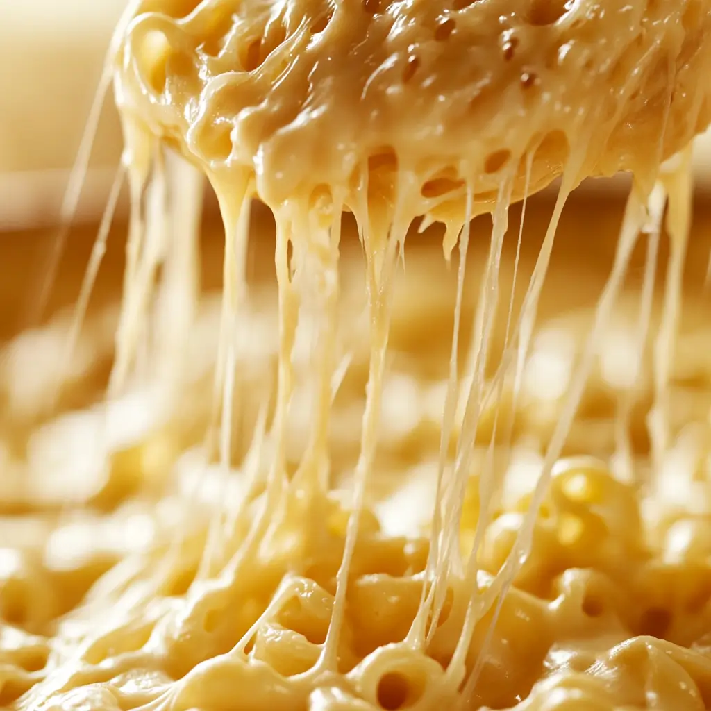 Close-up of Tini Mac and Cheese with gooey melted cheese strings, showcasing its creamy texture and rich golden color