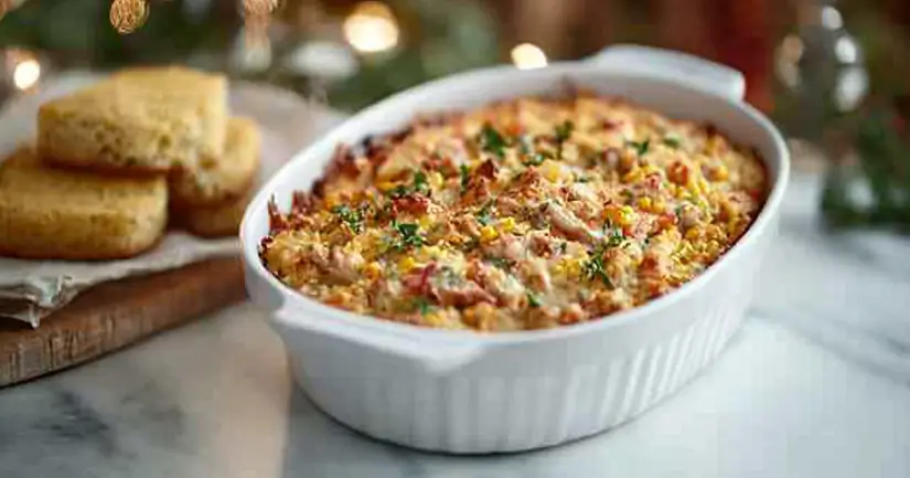 Classic Southern chicken and dressing served in a rustic dish with sides.