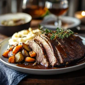 Sliced beef brisket on a platter with mashed potatoes, roasted vegetables, and a drizzle of cooking juices